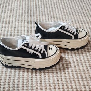 CHANEL Black White Cream Sherpa Platform Sneakers
